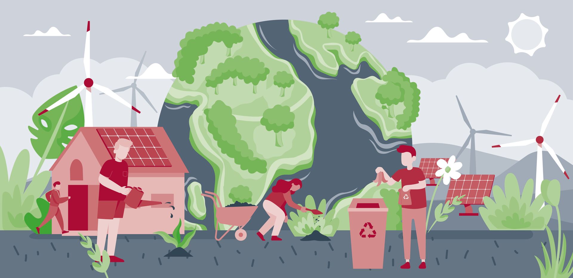 NW Assekuranz & CSR | Gemeinsam für mehr Nachhaltigkeit Grafische Darstellung von Nachhaltigkeit wie Recycling, Wind- und Solarenergie | NW Assekuranz & CSR